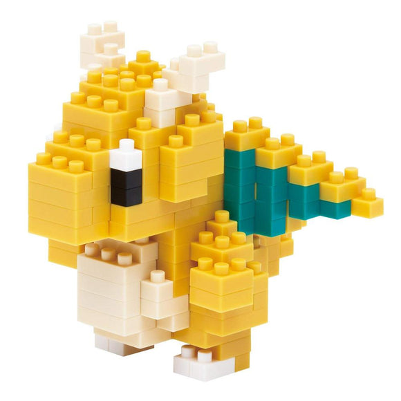 A detailed Nanoblock DIY kit showcasing a colorful Dragonite figure made from vibrant interlocking blocks. The Dragonite features yellow and teal accents, with distinct wings, eyes, and a playful expression, perfect for building enthusiasts and Pokémon fans alike.