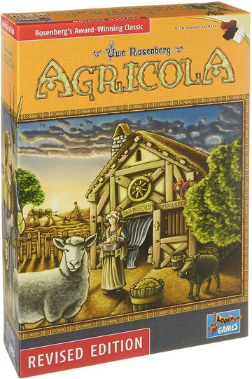 Agricola (Revised Edition) game box by Lookout Games features a beautifully illustrated scene of a rustic farm with a woman holding baskets of produce, surrounded by sheep and a boar. The box highlights its status as an award-winning classic with a vibrant color palette and detailed artwork.