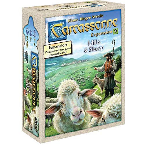 Carcassonne: Expansion 9 – Hills & Sheep board game box featuring a pastoral landscape with hills and sheep, and a farmer tending to his flock. The artwork displays vibrant scenery and is designed for players looking to enhance their Carcassonne gameplay experience.