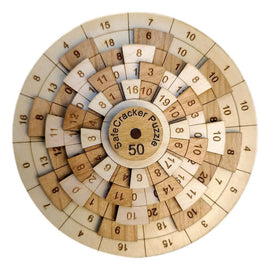 The Safecracker 50 mechanical puzzle features a circular design made of layered wooden segments, displaying various numbers from 0 to 70. Each ring has unique arrangement and textures, encouraging problem-solving and critical thinking. Ideal for puzzle enthusiasts and those seeking a rewarding challenge.
