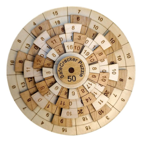 The Safecracker 50 mechanical puzzle features a circular design made of layered wooden segments, displaying various numbers from 0 to 70. Each ring has unique arrangement and textures, encouraging problem-solving and critical thinking. Ideal for puzzle enthusiasts and those seeking a rewarding challenge.