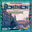 The box cover of the board game 'Dominion: Renaissance' by Rio Grande Games. The artwork depicts a vibrant Renaissance town square with a statue of a horse and various characters in historical attire. The title is displayed prominently at the top, with decorative borders enhancing the design. A note indicates that this is an expansion and not a complete game.