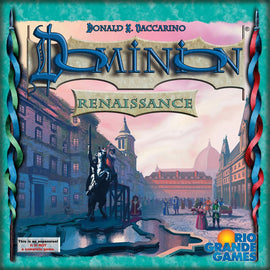 The box cover of the board game 'Dominion: Renaissance' by Rio Grande Games. The artwork depicts a vibrant Renaissance town square with a statue of a horse and various characters in historical attire. The title is displayed prominently at the top, with decorative borders enhancing the design. A note indicates that this is an expansion and not a complete game.