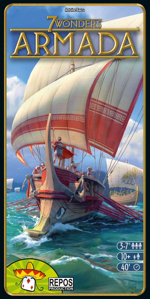 7 Wonders: Armada board game box featuring an intricately designed ship with sails. The ship is depicted sailing through clear blue waters, surrounded by other vessels. The game's title is prominently displayed, emphasizing the adventurous theme of maritime exploration and strategy.