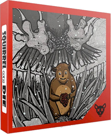 The box cover for the game 'Squirrel or Die' by Atlas Games, featuring a cartoonish squirrel smiling while holding an acorn. Above it, a menacing owl looms with outstretched wings, set against a monochrome background that contrasts with the bright red border of the box. The title is prominently displayed on the side of the box.