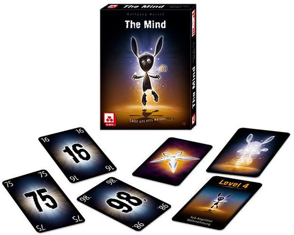 The Mind board game by Pandasaurus. The image features the game box showing a whimsical character and several playing cards with numbers 16, 75, 98, and a level symbol. Cards are displayed with vibrant designs including glowing effects.