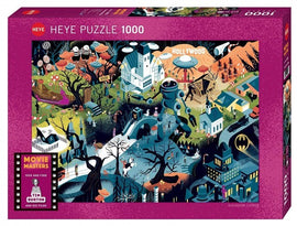A vibrant 1000-piece jigsaw puzzle featuring a whimsical illustration inspired by Tim Burton's films. The scene includes fantastical elements such as eerie trees, Halloween-themed decorations, and iconic characters in a quirky landscape, capturing the essence of Burton's unique film style.