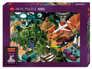 Heye Jigsaw Puzzle featuring iconic scenes from Steven Spielberg's films, illustrated in a detailed and colorful design. This 1000-piece puzzle invites fans to explore and find various film elements amidst vibrant landscapes, including jungles, cities, and classic movie references.