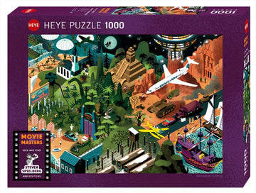 Heye Jigsaw Puzzle featuring iconic scenes from Steven Spielberg's films, illustrated in a detailed and colorful design. This 1000-piece puzzle invites fans to explore and find various film elements amidst vibrant landscapes, including jungles, cities, and classic movie references.