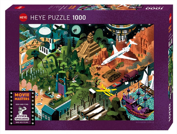 Heye Jigsaw Puzzle featuring iconic scenes from Steven Spielberg's films, illustrated in a detailed and colorful design. This 1000-piece puzzle invites fans to explore and find various film elements amidst vibrant landscapes, including jungles, cities, and classic movie references.