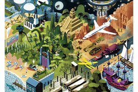 A colorful jigsaw puzzle featuring iconic scenes from Steven Spielberg films, illustrated with vibrant graphics. The design showcases diverse elements like dinosaurs, spaceships, a pirate ship, and ancient pyramids, inviting puzzle enthusiasts to explore various cinematic moments.