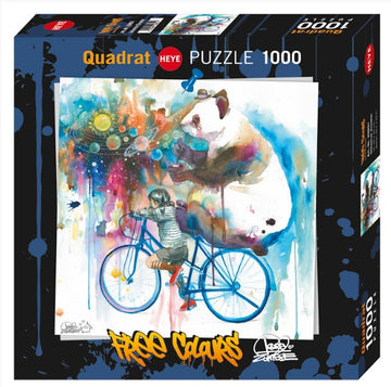A 1000-piece jigsaw puzzle titled 'Universe Creator, Free Colours' by Heye, featuring a colorful illustration of a child on a bicycle, surrounded by planets and a whimsical bear. The box is decorated with vibrant hues and artistic splashes, inviting creativity and fun for puzzle enthusiasts.