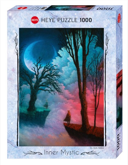 Heye jigsaw puzzle titled 'Inner Mystic' featuring a surreal landscape with a crescent moon, abstract trees, and a contrast of blue and red hues. The puzzle consists of 1000 pieces, showcasing artwork by Andy Keth. The packaging is vibrant and eye-catching, designed for puzzle enthusiasts.