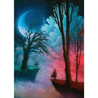 A stunning jigsaw puzzle titled 'Worlds Apart' by Heye, featuring a visually striking landscape with a mystical blue moon, dark silhouettes of trees, and a vibrant mix of red and blue clouds. The scene captures a sense of adventure and imagination, perfect for puzzle lovers and art enthusiasts alike.