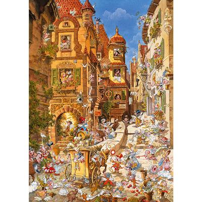A vibrant jigsaw puzzle illustration depicting a romantic town scene. The artwork features charming, old-world architecture with colorful flowers and bustling street activity. People are engaged in various activities, such as shopping and playing music, amid a lively atmosphere filled with whimsical details and a clear blue sky.