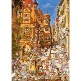 A vibrant jigsaw puzzle illustration depicting a romantic town scene. The artwork features charming, old-world architecture with colorful flowers and bustling street activity. People are engaged in various activities, such as shopping and playing music, amid a lively atmosphere filled with whimsical details and a clear blue sky.
