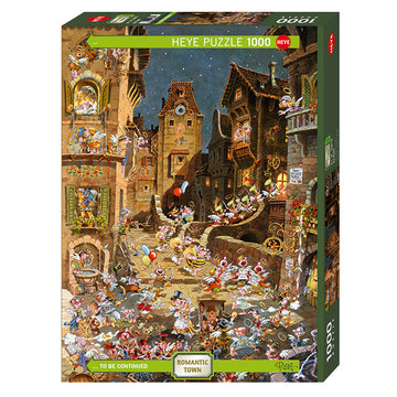 Heye jigsaw puzzle titled 'By Night, Romantic Town' featuring a whimsical scene of a lively town square at night. The puzzle is adorned with charming buildings, windows, and characters holding balloons, evoking a magical atmosphere.