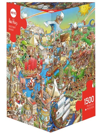 History River jigsaw puzzle by Heye, featuring a vibrant, detailed illustration that captures historical scenes along a river. The box showcases landmarks, ships, and various characters from different eras, appealing to puzzle enthusiasts and history lovers. This 1500-piece puzzle also includes a poster for reference.