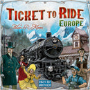 The cover of the board game 'Ticket to Ride: Europe' by Days of Wonder. It features a detailed illustration of a vintage steam locomotive, surrounded by characters in period attire, set against a backdrop of mountains and a rustic station. The title 'Ticket to Ride: Europe' is prominently displayed at the top, along with the author's name, Alan R. Moon.