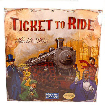 The board game 'Ticket to Ride' by Days of Wonder, featuring an artistic cover illustration of a vintage steam locomotive amidst colorful characters dressed in period attire. The title 'Ticket to Ride' is prominent at the top, with the name of the designer Alan R. Moon also displayed. The overall design is vibrant and inviting, hinting at an engaging and adventurous gameplay experience.