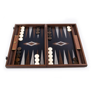 19-inch Backgammon board made of fossil forest wood, featuring a striking black playing surface with decorative diamond patterns and contrasting white and black playing pieces. The board is designed for two players and showcases elegant craftsmanship.