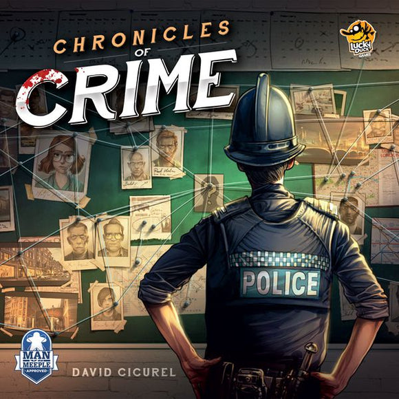 Chronicles of Crime board game featuring a police officer standing in front of a green board filled with crime scene photos and notes, depicting a mystery to solve. The game encourages players to investigate and deduce clues.