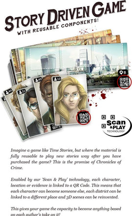 Chronicles of Crime game by Lucky Duck Games featuring characters, QR codes, and a futuristic city background. The game emphasizes story-driven gameplay with reusable components for endless replayability. Each character and location can be explored through QR codes for an immersive experience.