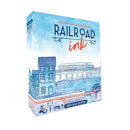 Railroad Ink: Deep Blue Edition game box featuring a whimsical blue watercolor design of a train crossing a bridge, surrounded by houses and trees. The title and edition are prominently displayed in artistic fonts.
