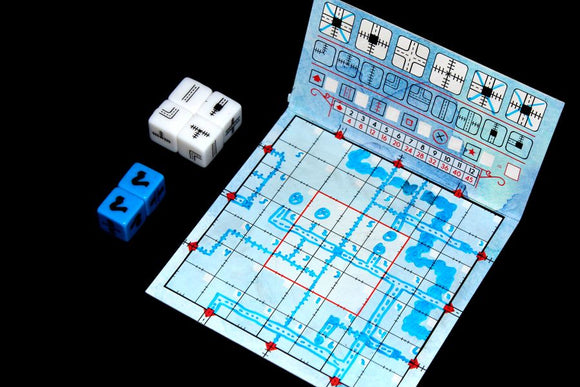 Railroad Ink: Deep Blue Edition game components, featuring a colorful game board with blue tracks and paths, two sets of dice for gameplay, and a scoring area on the side. The design showcases a fun, strategic game experience suitable for family and friends alike.