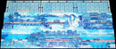 Railroad Ink: Deep Blue Edition game components featuring vibrant blue artwork of landscapes with roads, bridges, and trains. The pieces include play areas with connecting paths and a grid for scoring. This engaging board game combines strategy and creativity, perfect for family and friends.