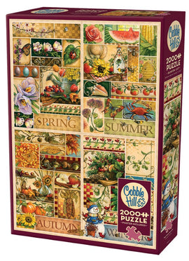 The Four Seasons jigsaw puzzle by Cobble Hill features a beautifully illustrated collage representing the four seasons: spring, summer, autumn, and winter. The design includes vibrant images of flowers, fruits, and seasonal decorations, making it visually appealing for puzzle enthusiasts. This 2000+ piece puzzle comes in a sturdy box with a poster included for reference.