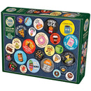 Cobble Hill 1000-piece jigsaw puzzle featuring a whimsical collection of colorful buttons with humorous phrases and cartoon characters. The box showcases a variety of button designs including food-themed puns and playful images, perfect for puzzle enthusiasts looking for a fun challenge.