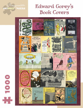 A jigsaw puzzle featuring a collage of book covers illustrated by Edward Gorey. The artwork displays a variety of book titles and colorful illustrations, showcasing elements of mystery and whimsy associated with Gorey's style. The puzzle consists of 1000 pieces, perfect for fans of literature and art.