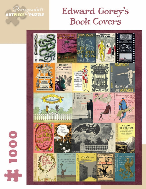 A jigsaw puzzle featuring a collage of book covers illustrated by Edward Gorey. The artwork displays a variety of book titles and colorful illustrations, showcasing elements of mystery and whimsy associated with Gorey's style. The puzzle consists of 1000 pieces, perfect for fans of literature and art.