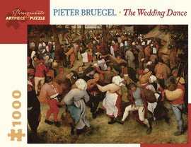 A jigsaw puzzle featuring Pieter Bruegel's famous painting 'The Wedding Dance', showcasing a lively scene of couples dancing joyfully in a festive outdoor setting with numerous guests in traditional attire, all set against lush trees and rustic buildings.