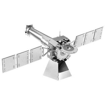 A detailed Metal Earth DIY kit representing the Chandra X-Ray Observatory. The model features intricate parts including a long cylindrical body and multiple flat satellite panels, all designed for assembly. Ideal for model enthusiasts and space lovers.