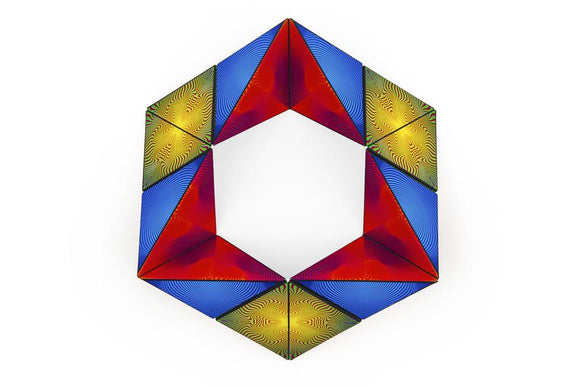 The Shashibo Optical Illusion by Geobenders is a colorful mechanical puzzle featuring various geometric shapes. It showcases vibrant colors like red, blue, and yellow, creating a visually stimulating experience. The pieces can transform into multiple shapes, encouraging creativity and problem-solving.
