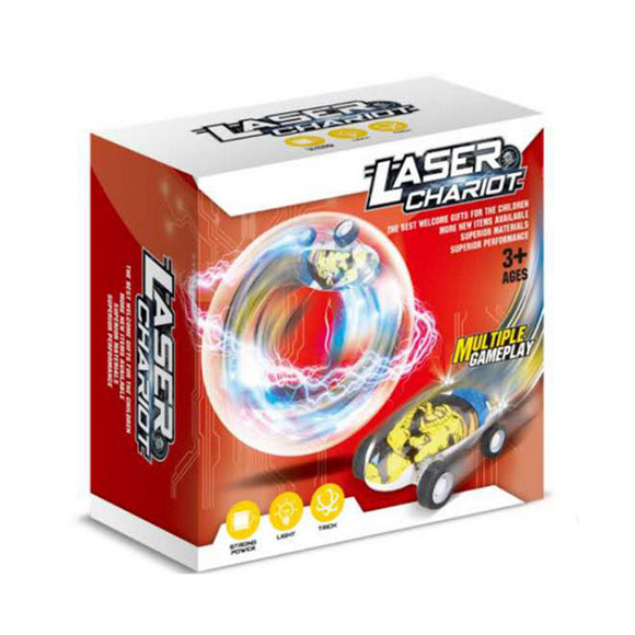 The Laser Chariot packaging featuring a vibrant design with an image of the toy inside. The box showcases a glowing chariot with light effects, indicating multiple gameplay options. Labels highlight its features like stronger power, light, and track abilities, along with age recommendation of 3+ years.
