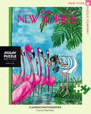 A vibrant jigsaw puzzle featuring a whimsical illustration from the January 15, 1972 cover of The New Yorker. The artwork depicts a photographer capturing images of graceful flamingos amidst lush greenery and a tranquil water setting. The scene is colorful and engaging, perfect for puzzle enthusiasts.