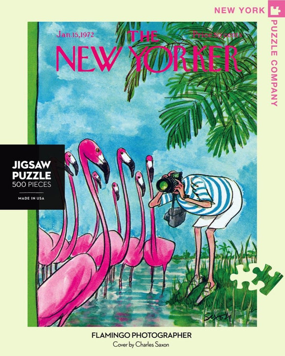 A vibrant jigsaw puzzle featuring a whimsical illustration from the January 15, 1972 cover of The New Yorker. The artwork depicts a photographer capturing images of graceful flamingos amidst lush greenery and a tranquil water setting. The scene is colorful and engaging, perfect for puzzle enthusiasts.