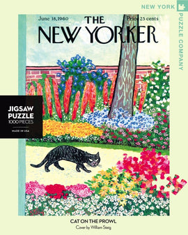 A colorful jigsaw puzzle featuring a black cat prowling through a vibrant garden filled with blooming flowers. The puzzle is based on the June 18, 1960 cover of The New Yorker, illustrated by William Steig. It consists of 1000 pieces and showcases a picturesque scene that invites puzzlers to immerse themselves in art and nature.