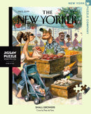 A vibrant 1000-piece jigsaw puzzle titled 'Small Growers' featuring an artistic illustration by Peter de Sève. The scene depicts a bustling farmer's market with various characters interacting, including a woman with a child in a stroller, a gnome, and a vendor selling fruits and vegetables. The colorful market is rich with details, capturing a lively atmosphere.
