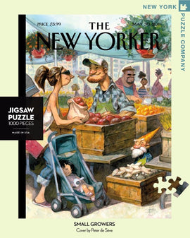 A vibrant 1000-piece jigsaw puzzle titled 'Small Growers' featuring an artistic illustration by Peter de Sève. The scene depicts a bustling farmer's market with various characters interacting, including a woman with a child in a stroller, a gnome, and a vendor selling fruits and vegetables. The colorful market is rich with details, capturing a lively atmosphere.