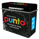 PUNTO by Gamewright is a colorful card game box designed by Bernhard Weber. It features a contemporary design with a black background, displaying the title 'punto' in bright colors. The box states it is suitable for 2 to 4 players and recommended for ages 8 and up, with a gameplay time of over 20 minutes. The packaging includes playful dots in white, enhancing its vibrant appeal.