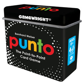 PUNTO by Gamewright is a colorful card game box designed by Bernhard Weber. It features a contemporary design with a black background, displaying the title 'punto' in bright colors. The box states it is suitable for 2 to 4 players and recommended for ages 8 and up, with a gameplay time of over 20 minutes. The packaging includes playful dots in white, enhancing its vibrant appeal.