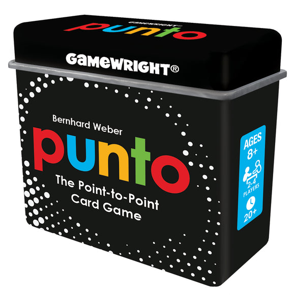 PUNTO by Gamewright is a colorful card game box designed by Bernhard Weber. It features a contemporary design with a black background, displaying the title 'punto' in bright colors. The box states it is suitable for 2 to 4 players and recommended for ages 8 and up, with a gameplay time of over 20 minutes. The packaging includes playful dots in white, enhancing its vibrant appeal.