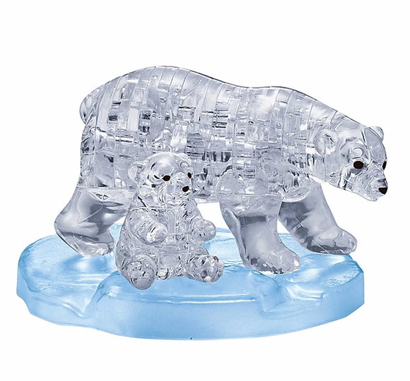 A stunning 3D crystal jigsaw puzzle featuring a polar bear and her cub, intricately designed with clear pieces that resemble ice, placed on a light blue base. Perfect as a decorative piece or a challenging puzzle for enthusiasts.