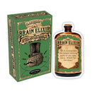 Front Porch Classics Brain Elixir box featuring whimsical artwork, including an illustrated brain wearing a top hat, alongside a bottle labeled 'Brain Elixir.' The box is designed for after-dinner riddles, appealing to puzzle enthusiasts and game lovers alike.