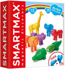 My First Safari Animals DIY kit includes 18 colorful, magnetic animal pieces designed for children ages 1-5. The bright colors feature a giraffe, elephants, lions, and more, perfect for imaginative play while developing fine motor skills. The packaging highlights the fun 'CLICK' feature that demonstrates how the pieces connect easily together.