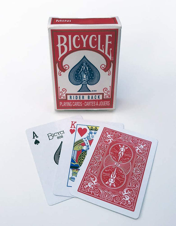 Mini Playing Cards by US Playing Card Co. featuring a classic Bicycle design with a red and blue Rider Back. Includes Ace of Spades, King of Hearts, and a card showing the back design with illustrations. Perfect for card games on the go, these compact cards are great for family fun, travel, or casual play.
